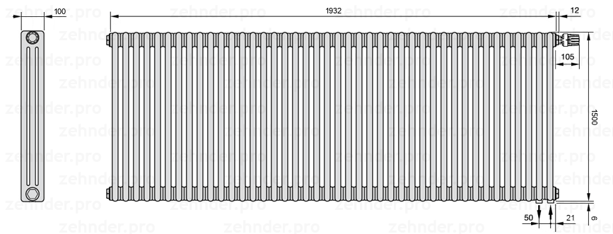 Схема (чертеж) Радиатор Zehnder Charleston 3150/42 №V002 Белый глянцевый RAL 9016